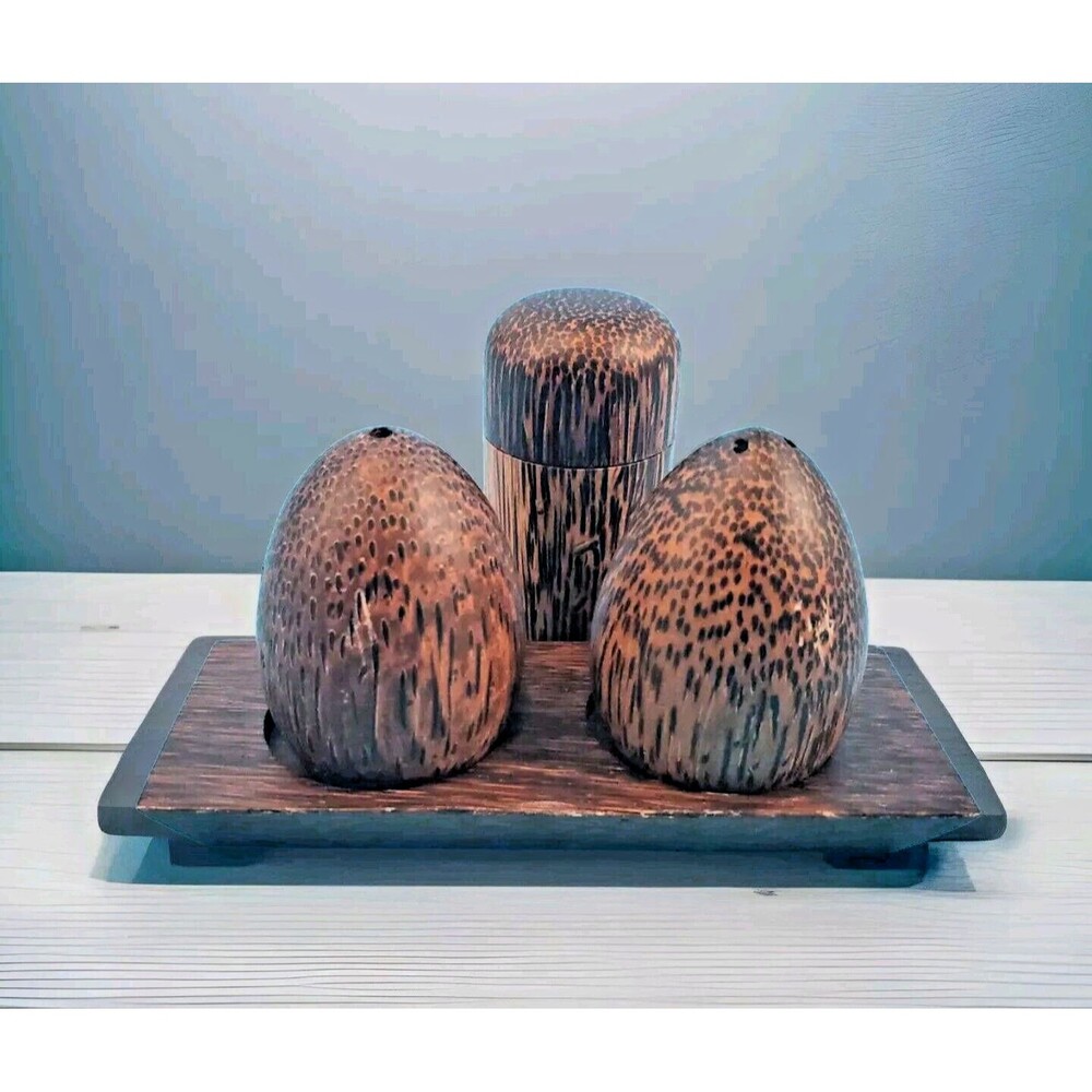 Palm Wood Salt &  Pepper Shakers Set w/ Tray & Tookpick Holder Rustic Farmhouse